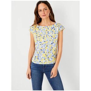 Ann Taylor Women Linen Top Small Blue Yellow Lemon Fruit Blouson Gasset Resort